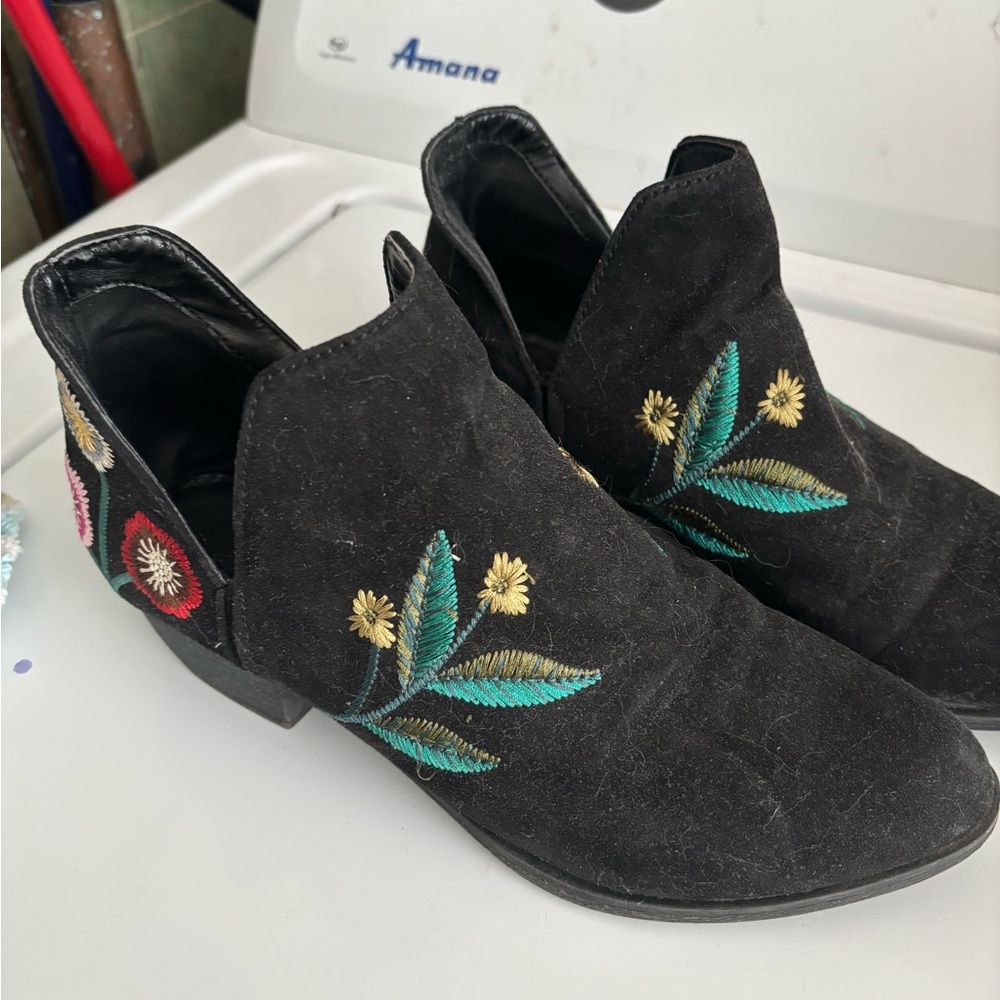 Black and Green Embroidered Ankle Booties